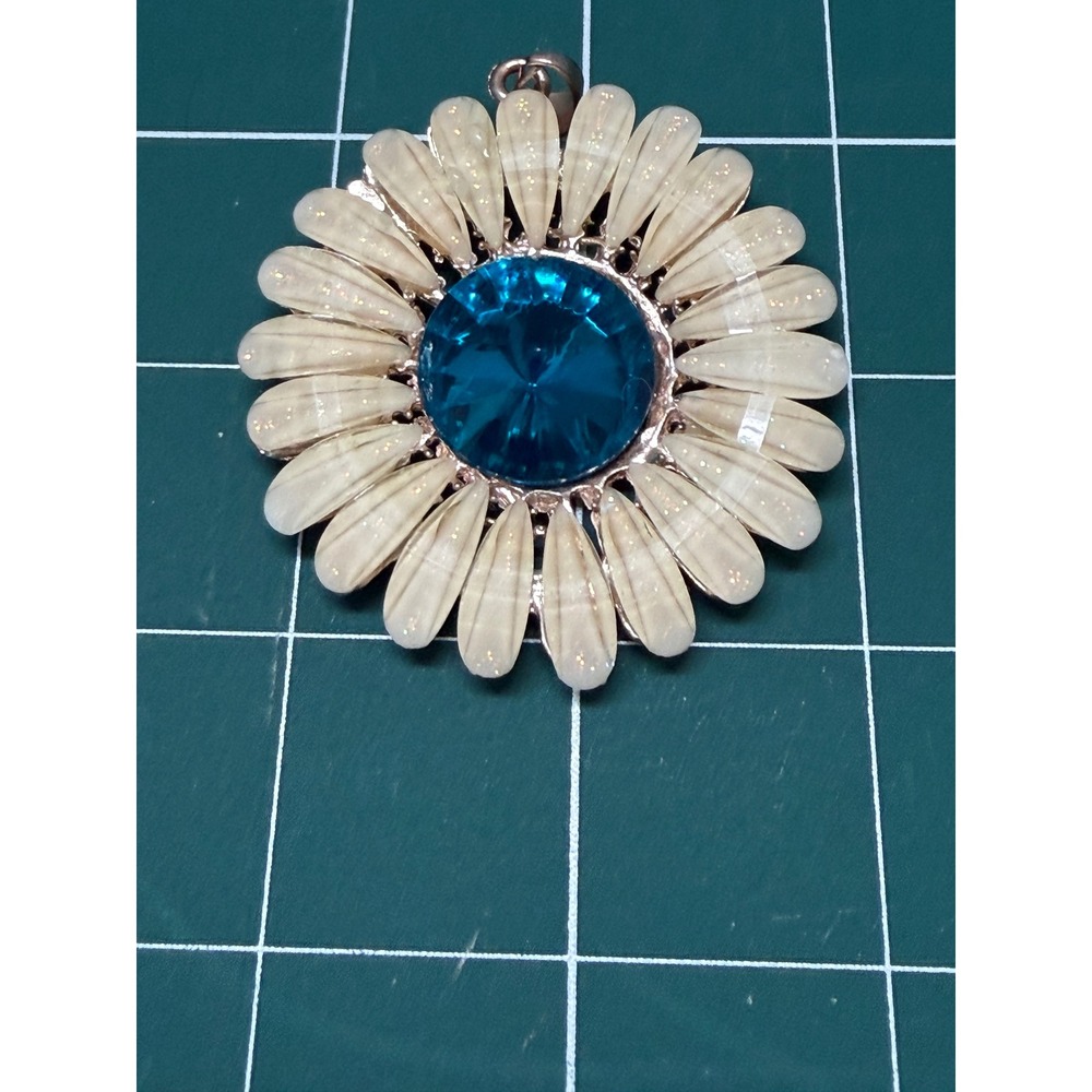 Vintage Style Sunflower Pendant Blue Crystal Cream Enamel Gold Tone Floral 2"